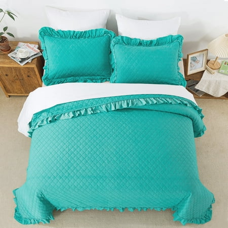 JML 3 Piece Quilt Set Queen Size,Ruffle Stone Washed Microfiber Bedspread Coverlet With 2 Shams