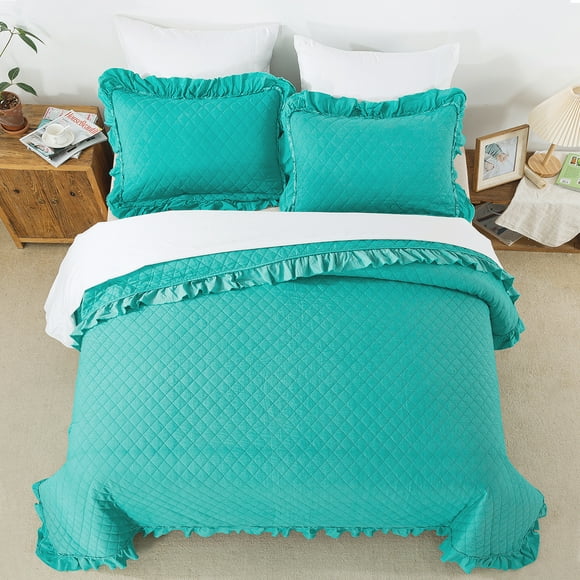 JML 3 Piece Quilt Set Queen Size,Ruffle Stone Washed Microfiber Bedspread Coverlet With 2 Shams
