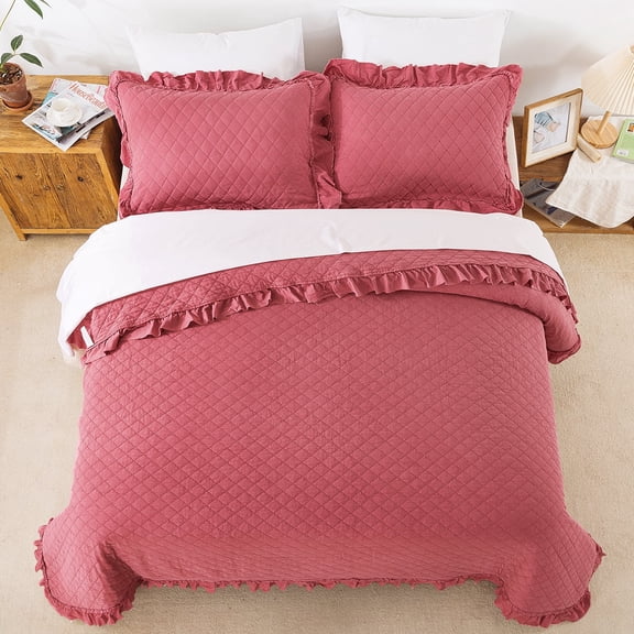 JML 3 Piece Quilt Set Queen Size,Ruffle Stone Washed Microfiber Bedspread Coverlet With 2 Shams