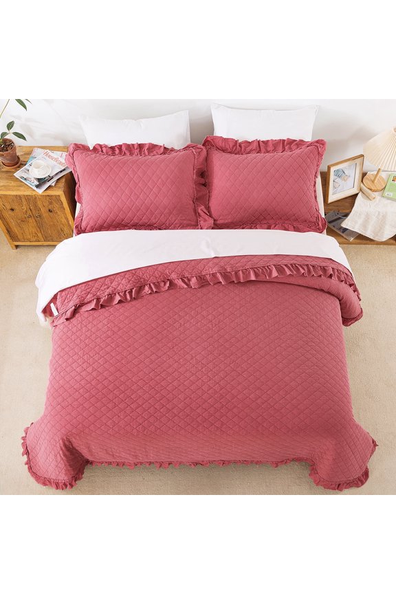 3 Piece Quilt Set Queen Size,Ruffle Stone Washed Microfiber Bedspread Coverlet With 2 Shams