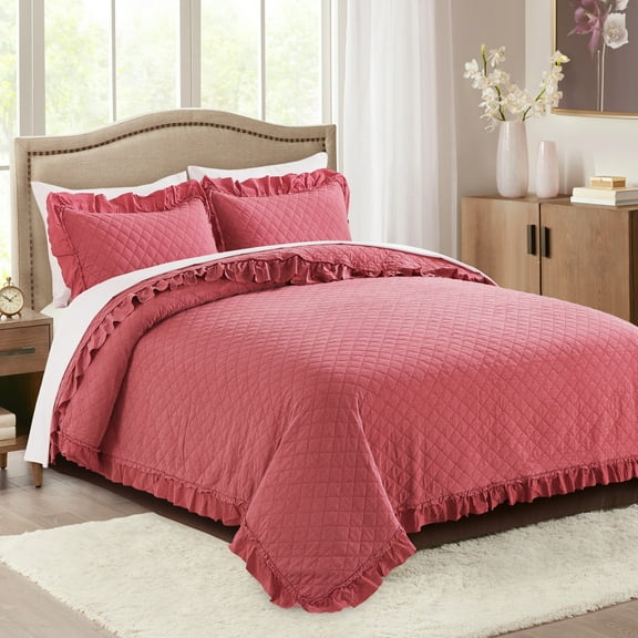JML 3 Piece Quilt Set Queen,Stone Washed Microfiber Bedspread Coverlet,Camellia 88"x92"