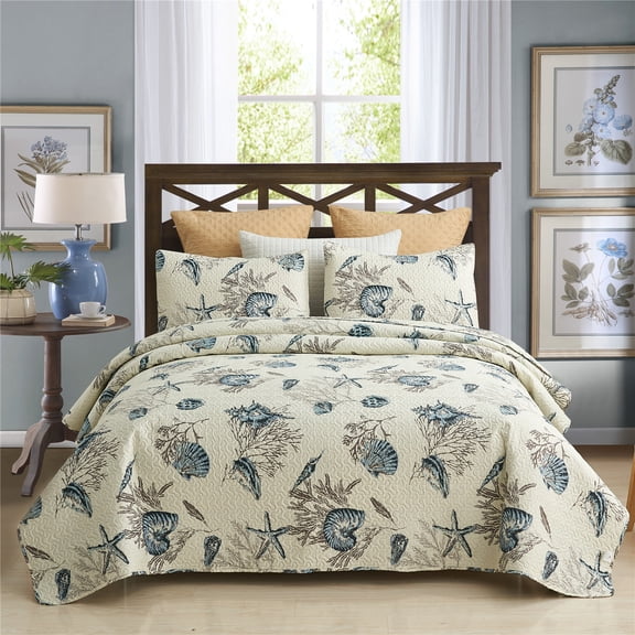 JML 3 Piece Quilt Set with 2 Shams,Microfiber Bedspread For King Bed(92"x104"),Beach Pattern