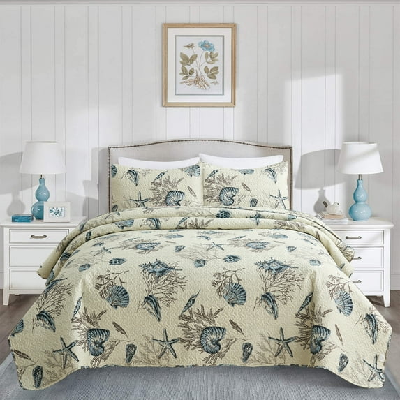 JML 3-Piece Quilt Set with 2 Shams, Soft Microfiber Bedspread Coverlet Set, Queen, Beige Shell