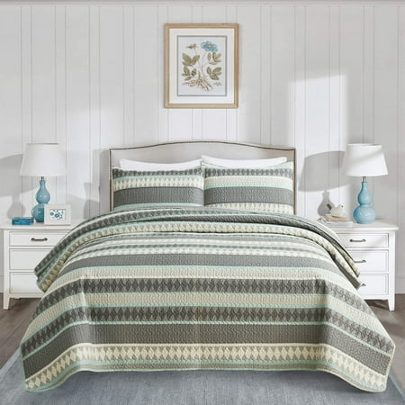 JML 3-Piece Quilt Set with 2 Shams, Soft Microfiber Bedspread Coverlet Set, Queen, Grey & Green
