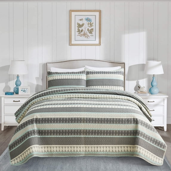 JML 3-Piece Quilt Set with 2 Shams, Soft Microfiber Bedspread Coverlet Set, Queen, Grey & Green