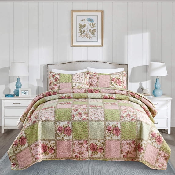 JML 3-Piece Quilt Set with 2 Shams, Soft Microfiber Bedspread Coverlet Set, Queen, Pink Floral