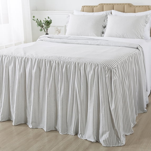 JML 3 Piece Ruffle Skirt Bedspread Set Full Size,Grey Polka Dot Coverlet with 30" Drop