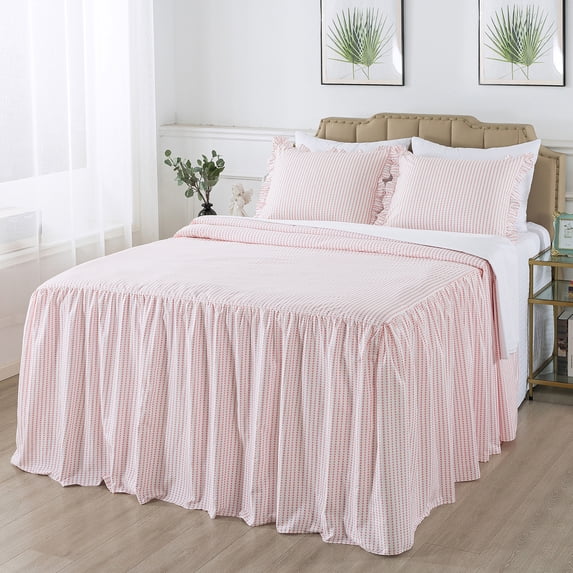 JML 3 Piece Ruffle Skirt Bedspread Set Full Size,Pink Polka Dot Coverlet with 30" Drop