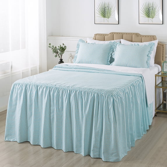 JML 3 Piece Ruffle Skirt Bedspread Set King Size,Blue Polka Dot Coverlet with 30" Drop