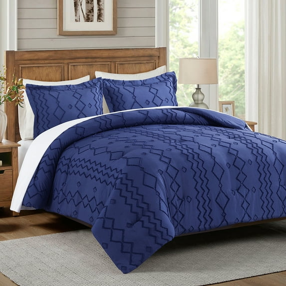 JML 3 Piece Tufted Comforter Set King,1 Comforter,2 Pillowcases, Geometric Design, Navy