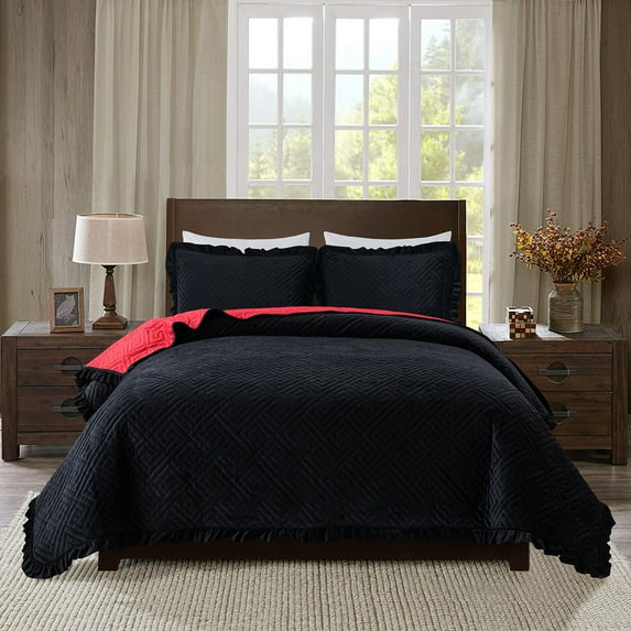JML 3 Piece Velvet Quilt Set With 2 Shams, Soft Quilted Bedspread Coverlet, King, Black