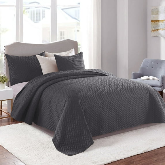 JML 3 Pieces Queen Quilt Set, Soft Lightweight Microfiber Bedspread,1 Quilt 2 Shams, Dark Grey