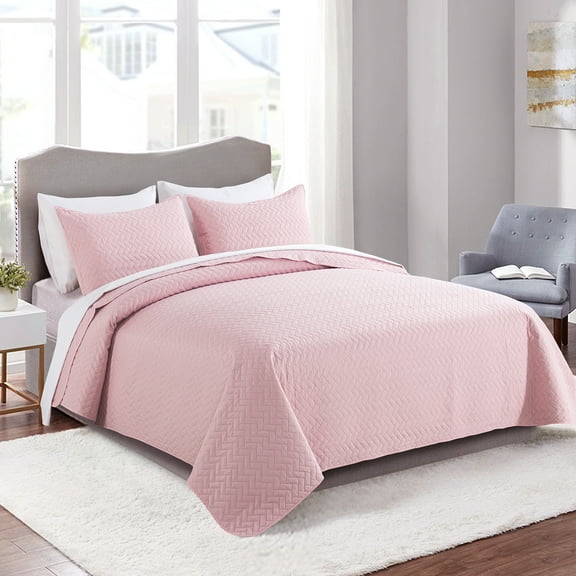 JML 3 Pieces Queen Quilt Set, Soft Lightweight Microfiber Bedspread,1 Quilt 2 Shams, Pink