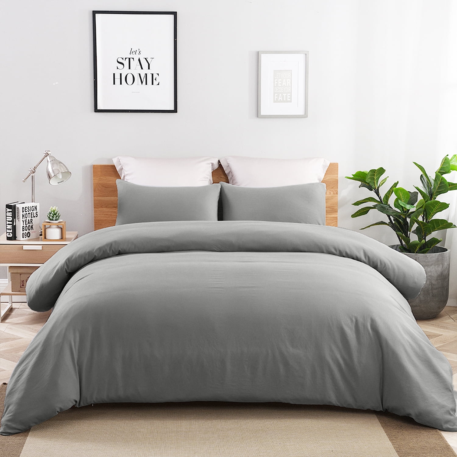 JML 3 Pieces Washed Microfiber Duvet Cover Set With Zipper, Corner Ties And 2 Pillowcases, King 90"x 104", Grey