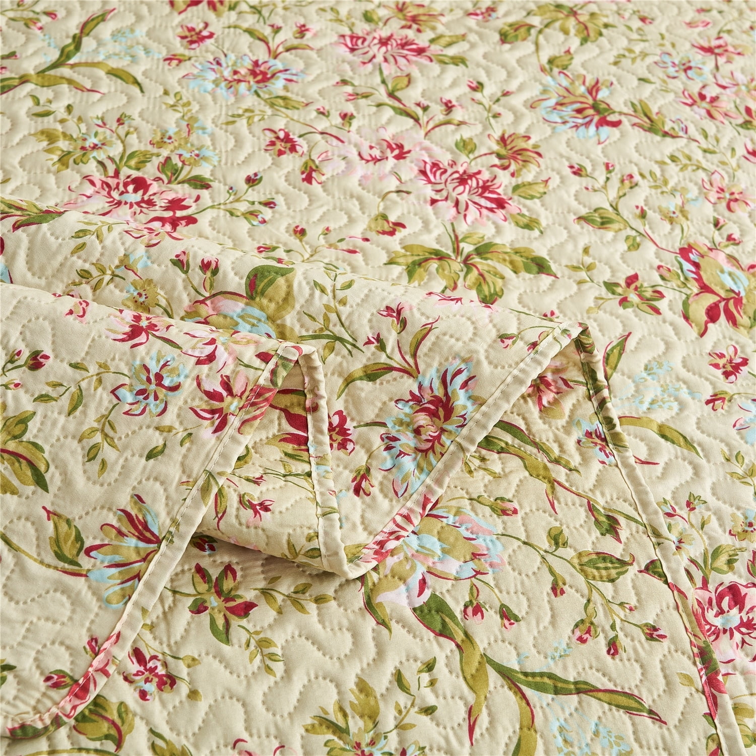King Size Pink Floral Reversible Cotton Quilt Set