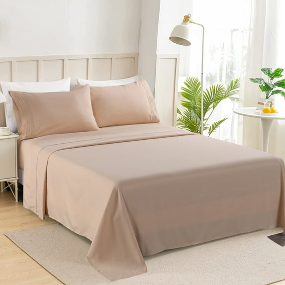 JML 4 Piece King Bed Sheet Set, Soft Brushed Microfiber Soild Bed Sheet, Beige