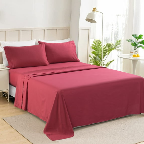 JML 4 Piece Queen Bed Sheet Set, Soft Brushed Microfiber Soild Bed Sheet, Burgundy