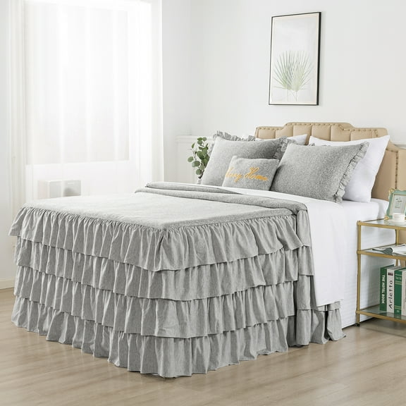JML 4 Piece Ruffle Skirt Bedspread Cover Set,30" Drop Knitted Bed Skirt Coverlet,King,Grey