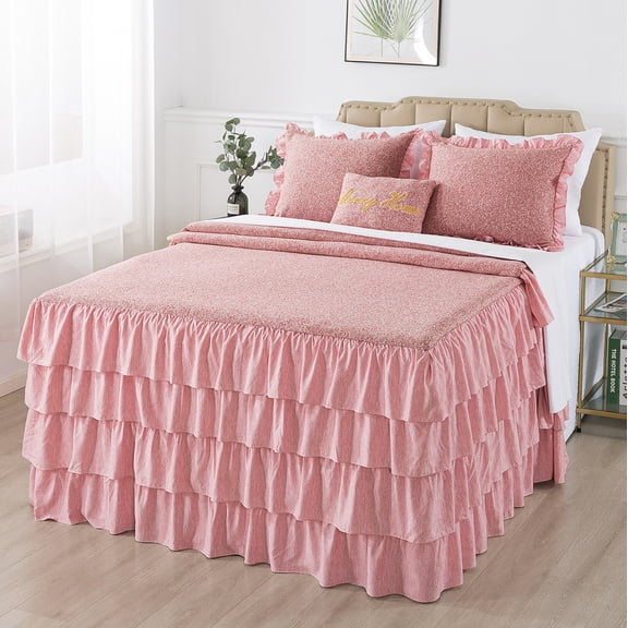 JML 4 Piece Ruffle Skirt Bedspread Cover Set,30" Drop Knitted Bed Skirt Coverlet,Queen,Burgundy