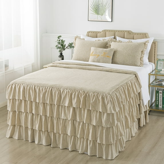 JML 4 Piece Ruffle Skirt Bedspread Cover Set,30" Drop Knitted Bed Skirt Coverlet,Queen,Camel