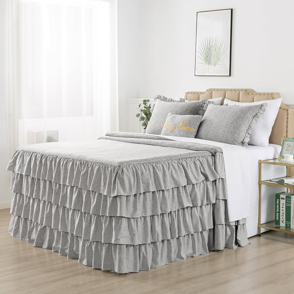 JML 4 Piece Ruffle Skirt Bedspread Cover Set,30" Drop Knitted Bed Skirt Coverlet,Queen,Grey