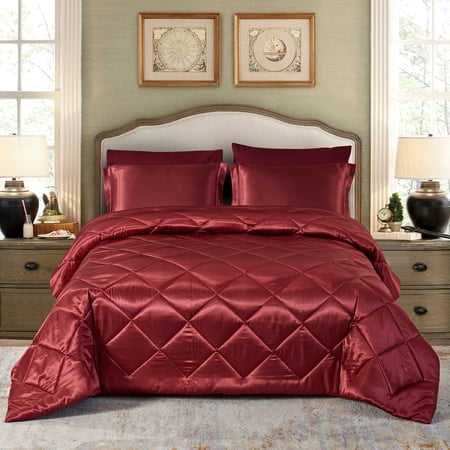 JML 6 Piece Comforter Set, Silky Soft Satin Bed in a Bag with Sheets pillowcases , Burgundy, Twin