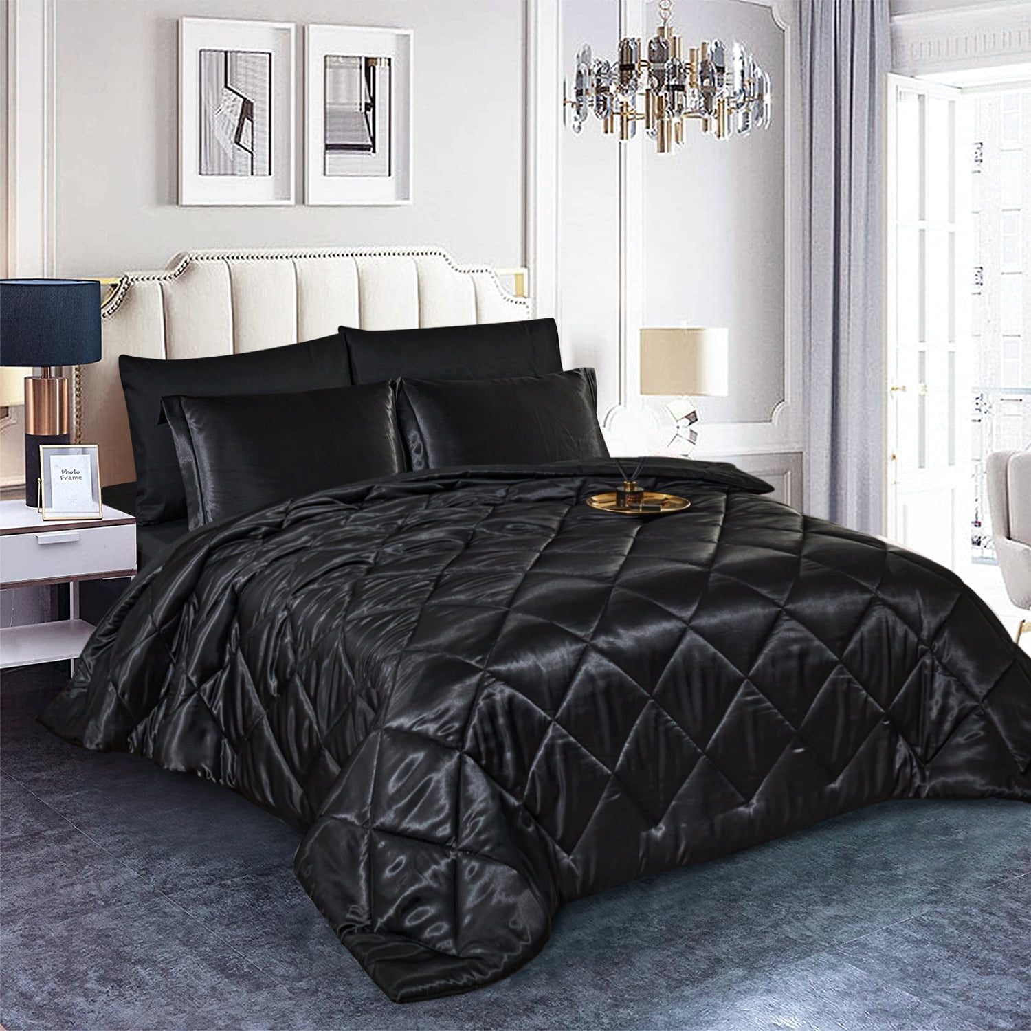 Jml 6 Piece Silky Satin Bed in A Bag Comforter Set with Sheets,Twin, Black