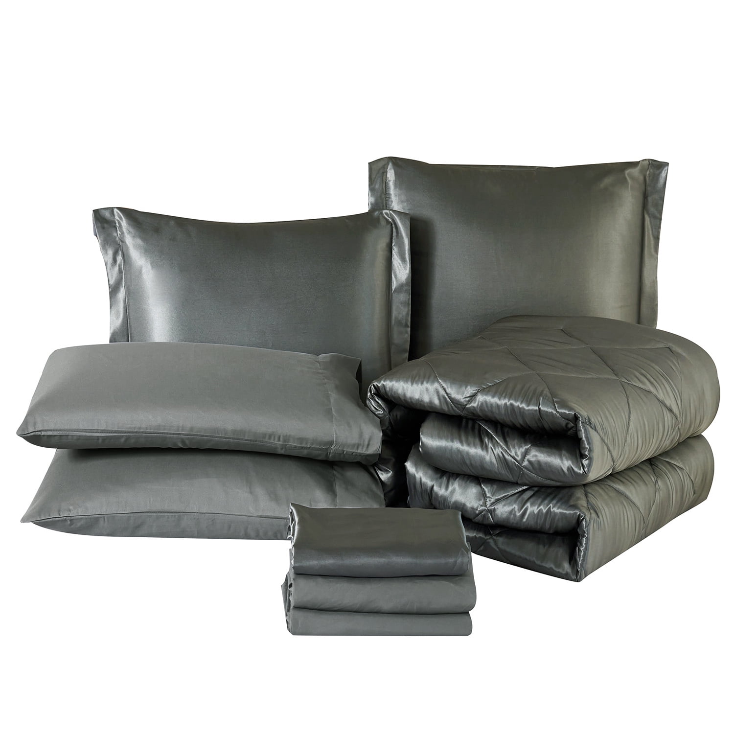 JML 6 Piece Silky Satin Bed in a Bag Comforter Set with Sheets,Twin, Dark Grey