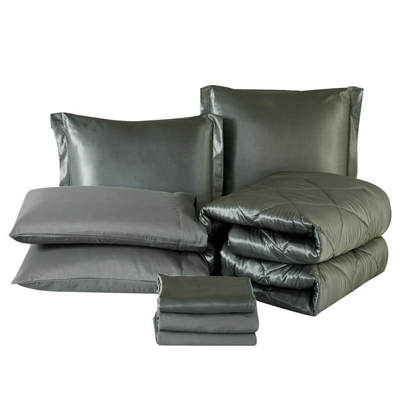 JML 6 Piece Silky Satin Bed in a Bag Comforter Set with Sheets,Twin, Dark Grey