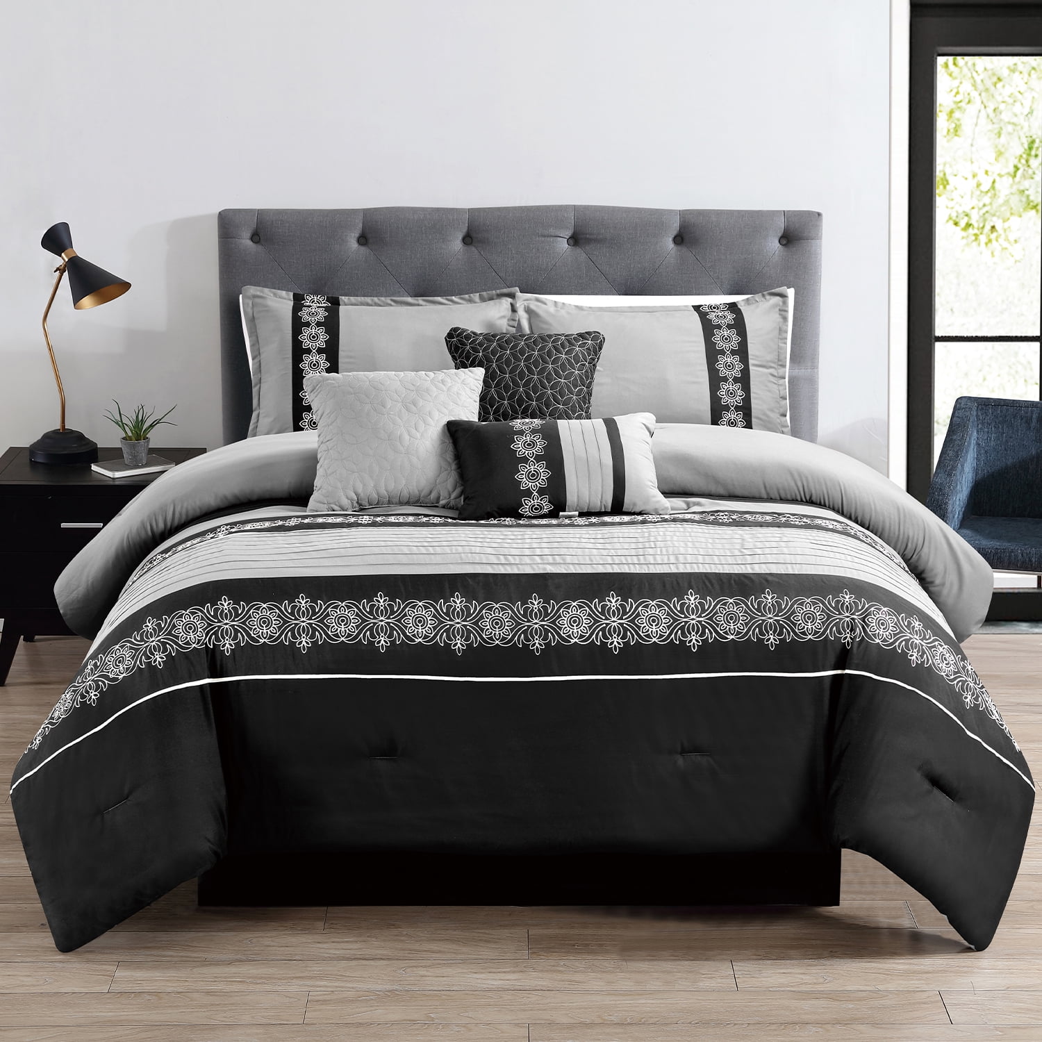 JML 7-Piece Black & Grey Comforter Set, King, With Embroidered Floral ...