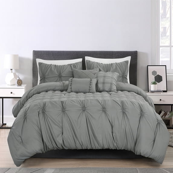 JML 7-Piece Grey Comforter Set, Full/Queen, With Pinch Pleated Design