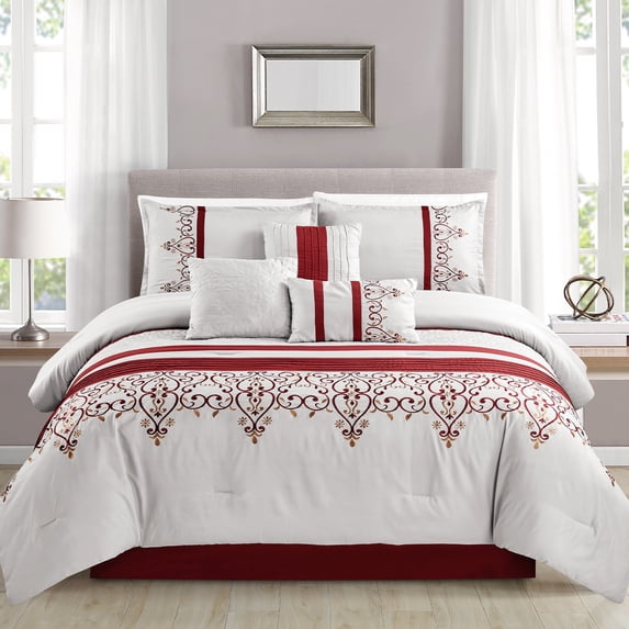 JML 7-Piece Red & Grey Comforter Set, King, With Embroidered Floral Design