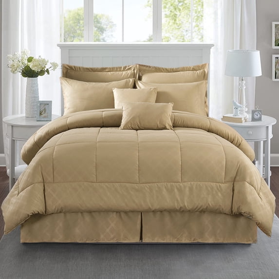 JML 8 Piece Bed in a Bag Quilted Diamond Comforter Set with Sheets, Twin, Taupe