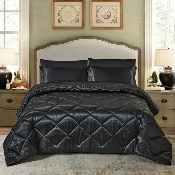 JML 8 Piece Comforter Set, Silky Soft Satin Bed in a Bag with Sheets pillowcases , Black, King