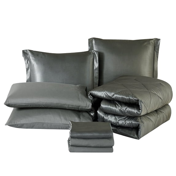 JML 8 Piece Silky Satin Bed in a Bag Comforter Set with Sheets, Cal King, Dark Grey, Solid Print
