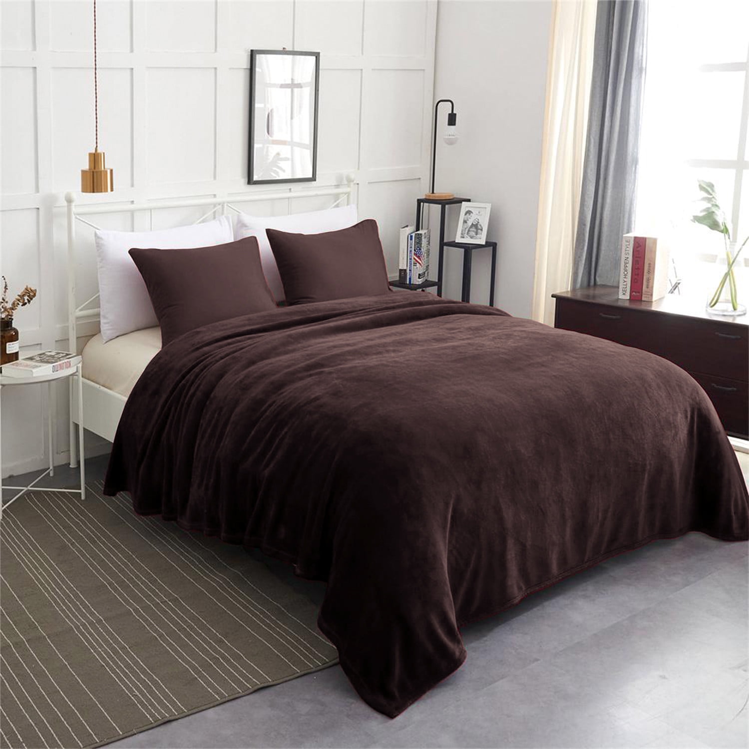 JML All-Season Lightweight Warm Fleece Bed Blanket, Brown, Queen