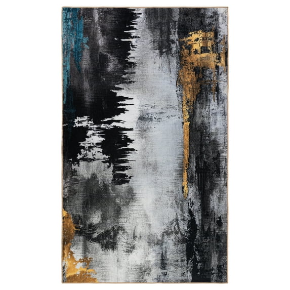 JML Area Rug 3'x5' Concerto Rustic Non-Slip Indoor Carpet Black & Gold & Grey Foldable Rugs for Living Room Bedroom Office Home Decor
