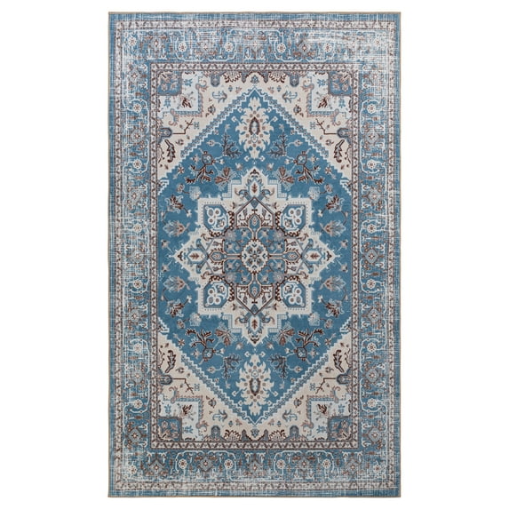 JML Area Rug 3'x5' Retro Accent Non-Slip Indoor Carpet Blue & Grey Floral Foldable Rugs for Living Room Bedroom Office Home Decor