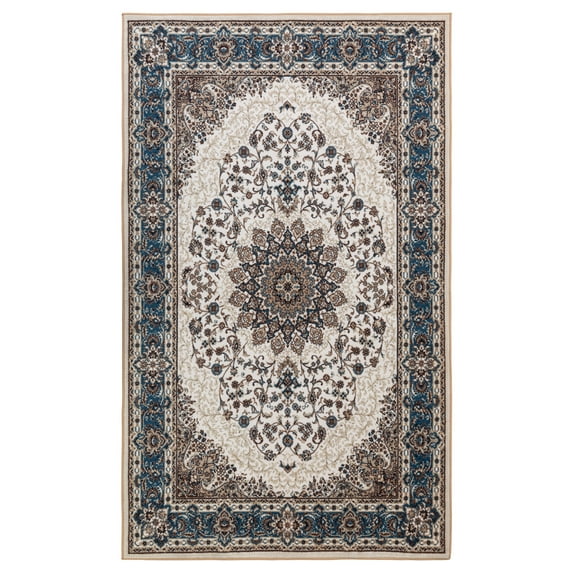 JML Area Rug 3'x5' Retro Accent Non-Slip Indoor Carpet Khaki & Navy Floral Foldable Rugs for Living Room Bedroom Office Home Decor