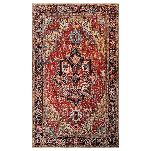 JML Area Rug for Living Room 7'x10' Retro Accent Large Non-Slip Indoor Carpet Yellow & Red Floral Foldable Rugs for Bedroom Office Home Decor