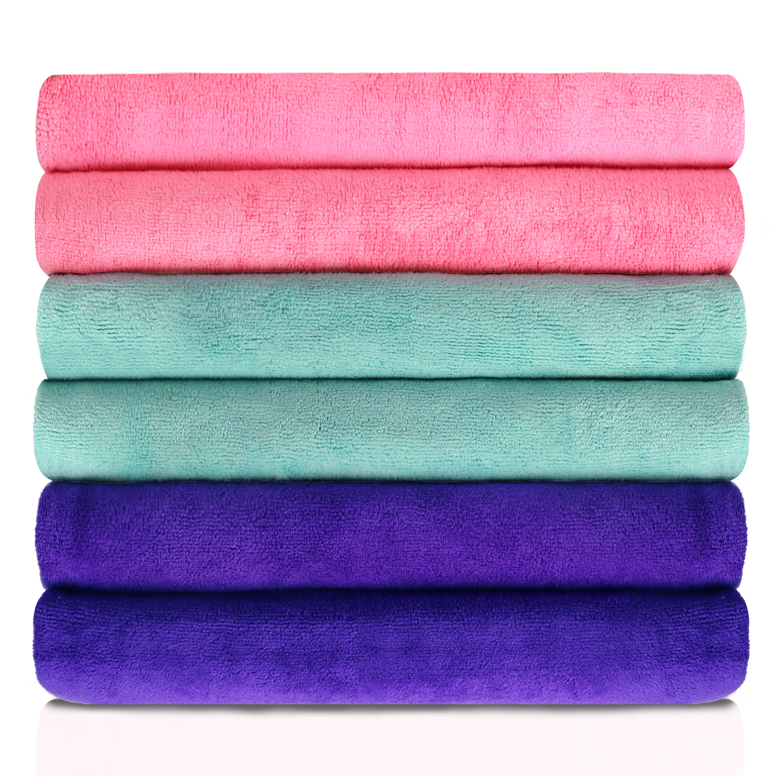JML Bath Towel, Microfiber 6 Pack Towel Sets (27 x 55") - Extra Absorbent, Fast Drying Multipurpose Use as Bath Fitness Towel, Sports Towels, Yoga Towel, Green Blue Pink - image 1 of 5