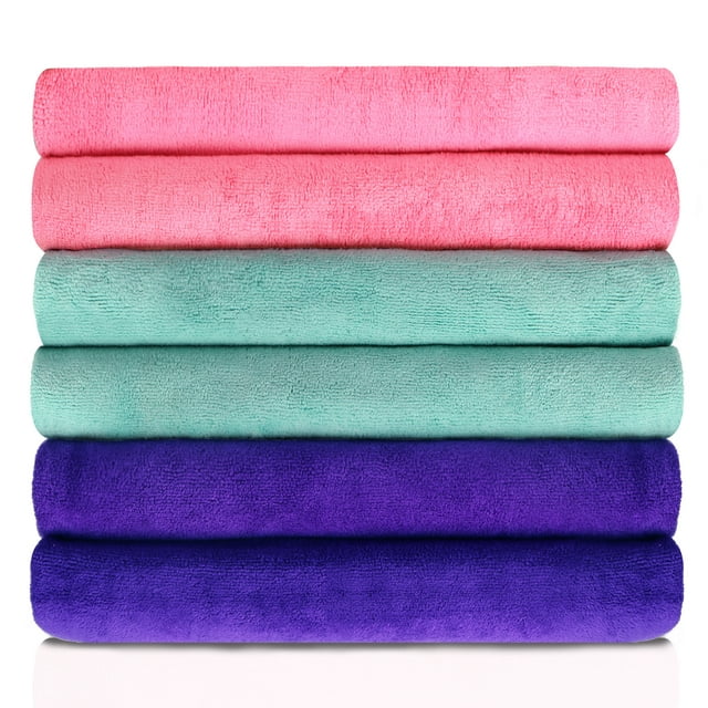 JML Bath Towel, Microfiber 6 Pack Towel Sets (27 x 55") - Extra Absorbent, Fast Drying Multipurpose Use as Bath Fitness Towel, Sports Towels, Yoga Towel, Green Blue Pink