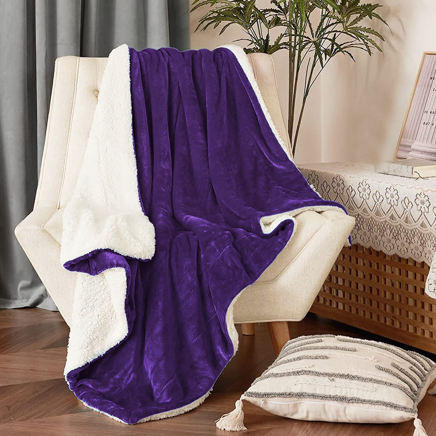 JML Bedding Sherpa Fleece Blanket Twin,Purple Warm Reversible Plush Fleece  Couch Bed Blanket 
