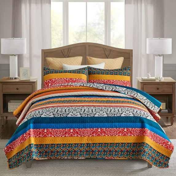 JML Bedspread Set 3-Piece King Size, Soft Reversible 1 Quilt & 2 Shams Quilt Coverlet Set, Boho Pattern