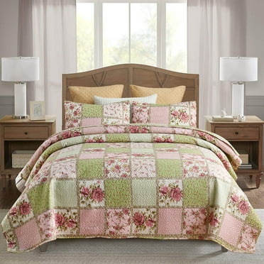 JML Bedspread Set 3-Piece King Size, Soft Reversible 1 Quilt & 2 Shams Quilt Coverlet Set, Pink Green Flower