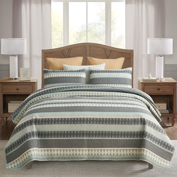 JML Bedspread Set 3-Piece King Size, Soft Reversible 1 Quilt & 2 Shams Quilt Coverlet Set, Stripe Grey Green
