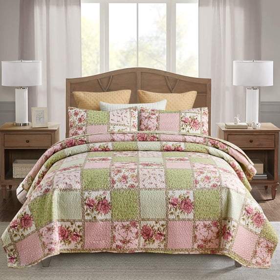 JML Bedspread Set 3-Piece Queen Size, Soft Reversible 1 Quilt & 2 Shams Quilt Coverlet Set, Pink Green Flower