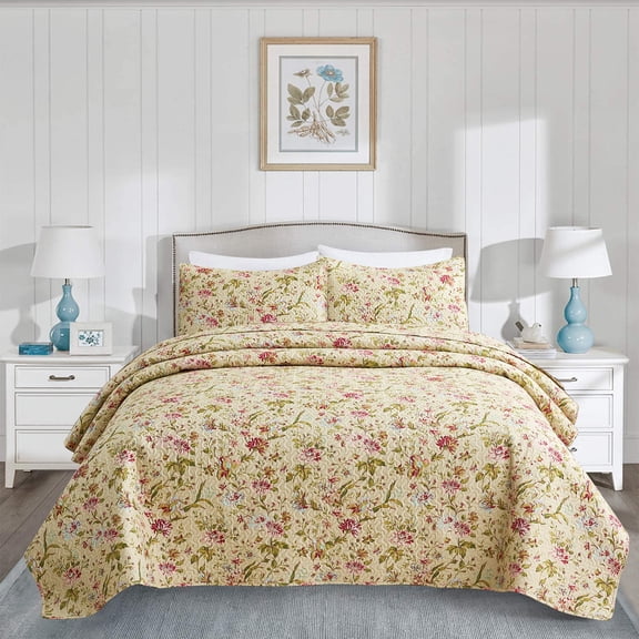 JML Beige Floral Microfiber Quilt, King - Easy Care (3 Count)