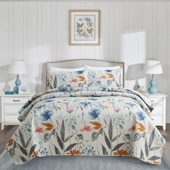 JML Blue Floral Microfiber Quilt Set, Queen