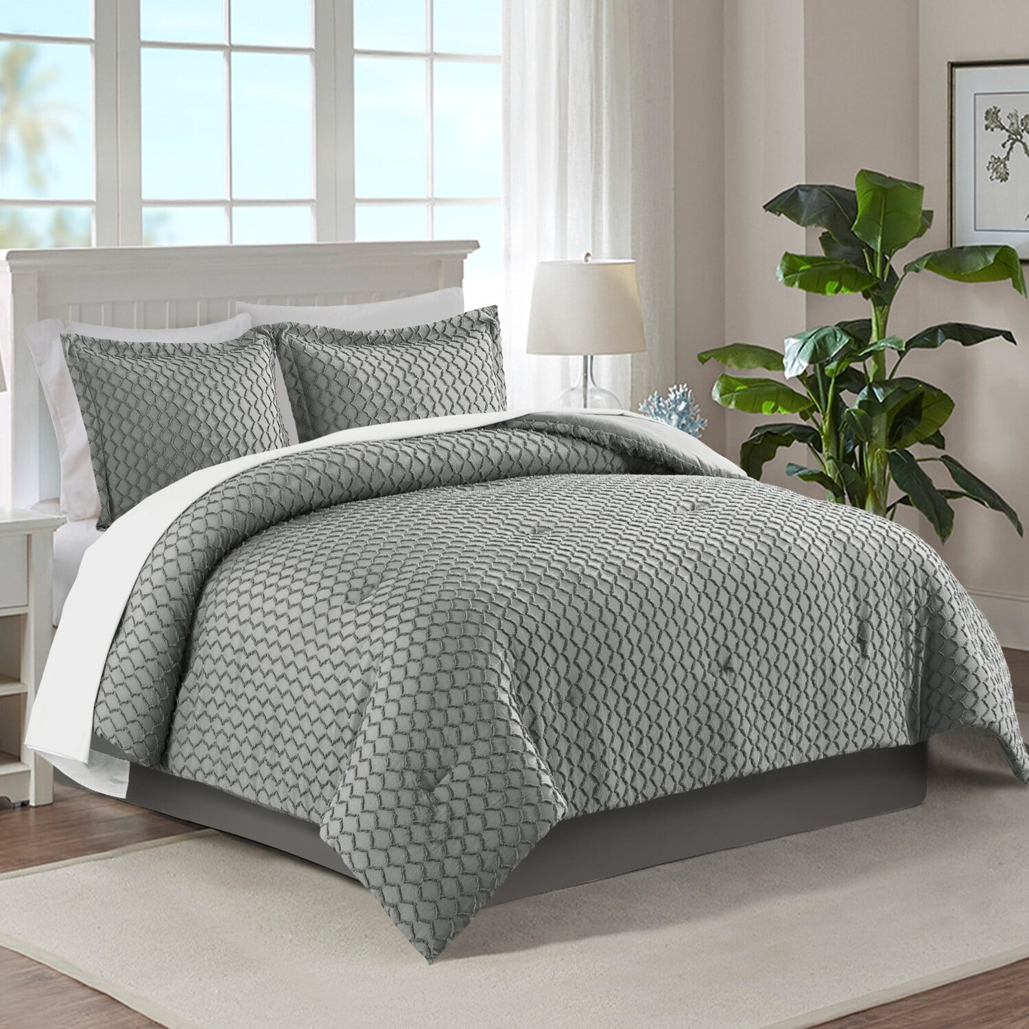 Queen Dark Gray Microfiber Tufted Comforter Set